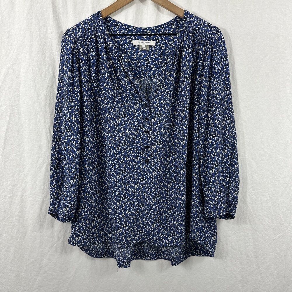 Gerard Darel Paris Nicole Blue Geo Print Peasant Top Womens Sz 40 Boho Coastal